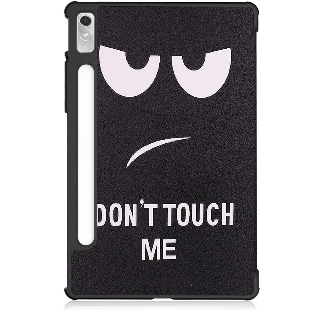 Black tablet case with an angry face. The case says, "DON'T TOUCH ME." The cover has a pen holder.
