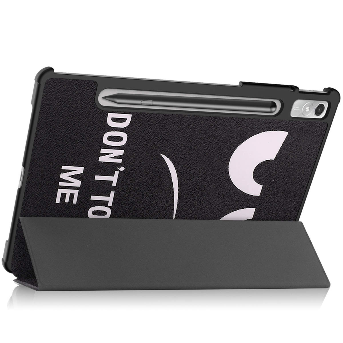 Black tablet case with "DON'T TOUCH ME" text, stand, and stylus. The background is white.