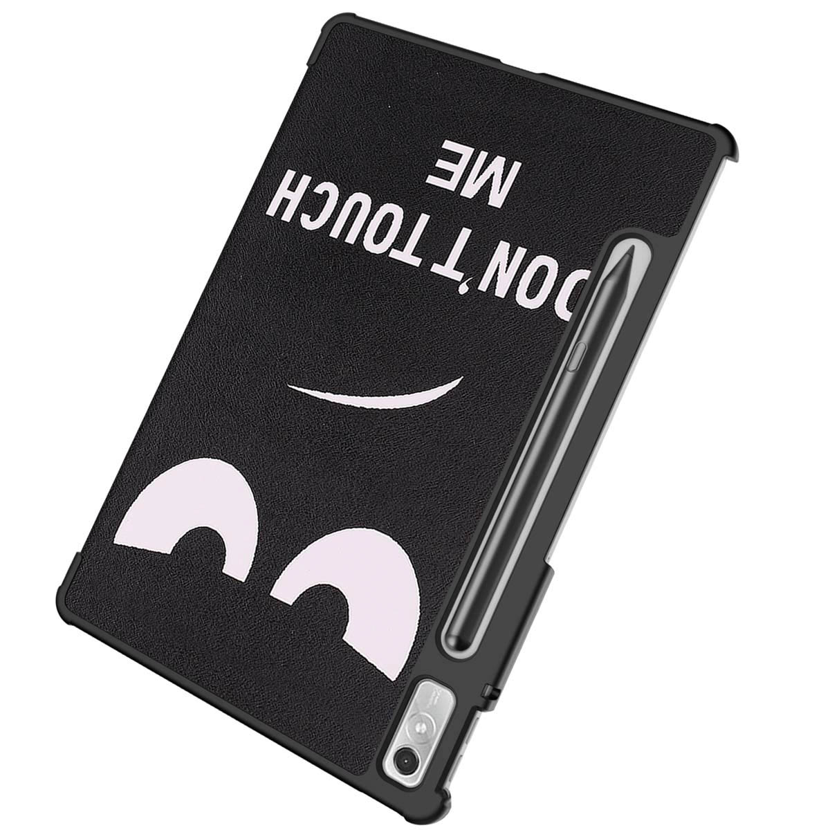 Tablet case, black with a smiley face and text that says DON'T TOUCH ME. Pen in the case.