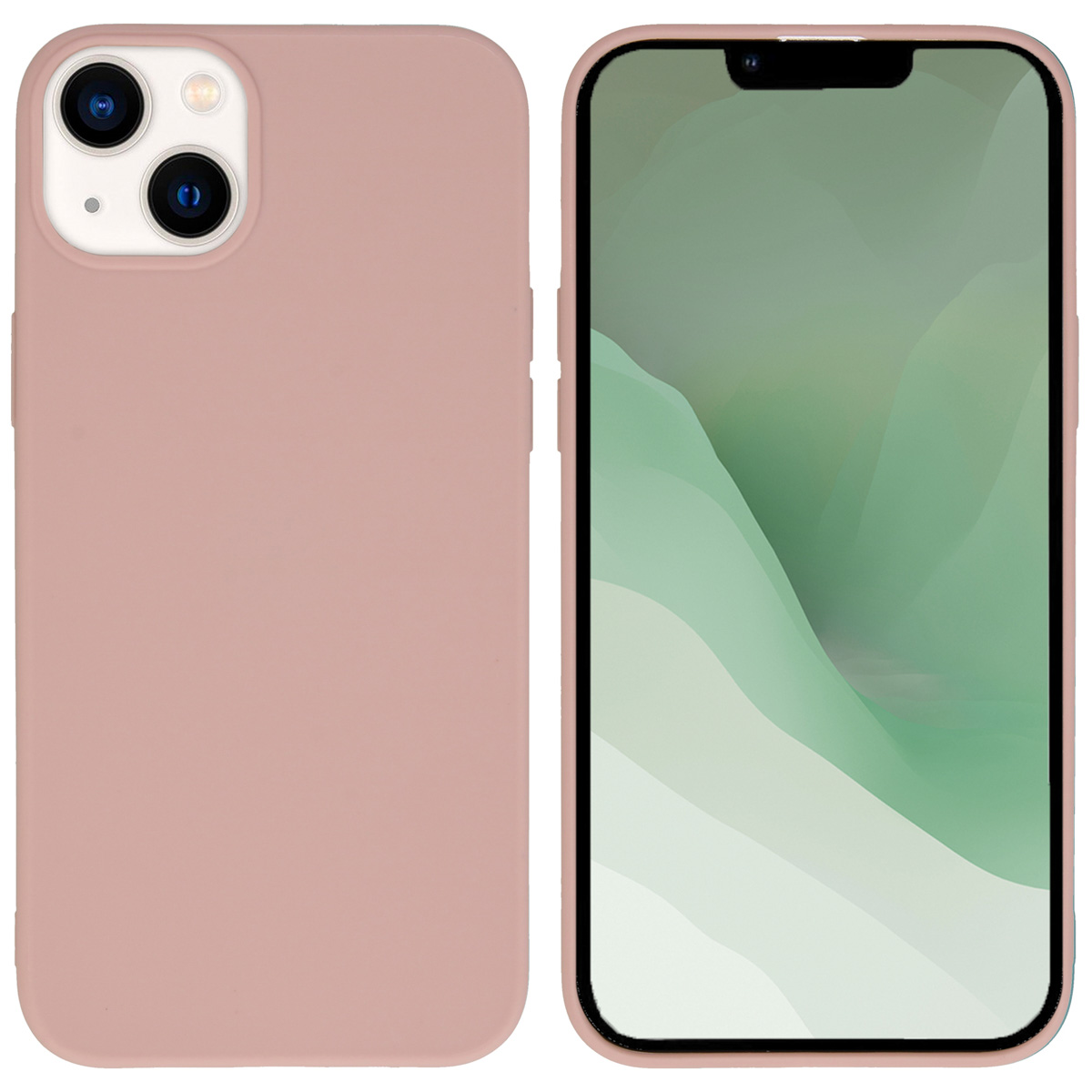 Twee telefoons, een bedekt met een roze hoesje, de andere met een groene achtergrond.