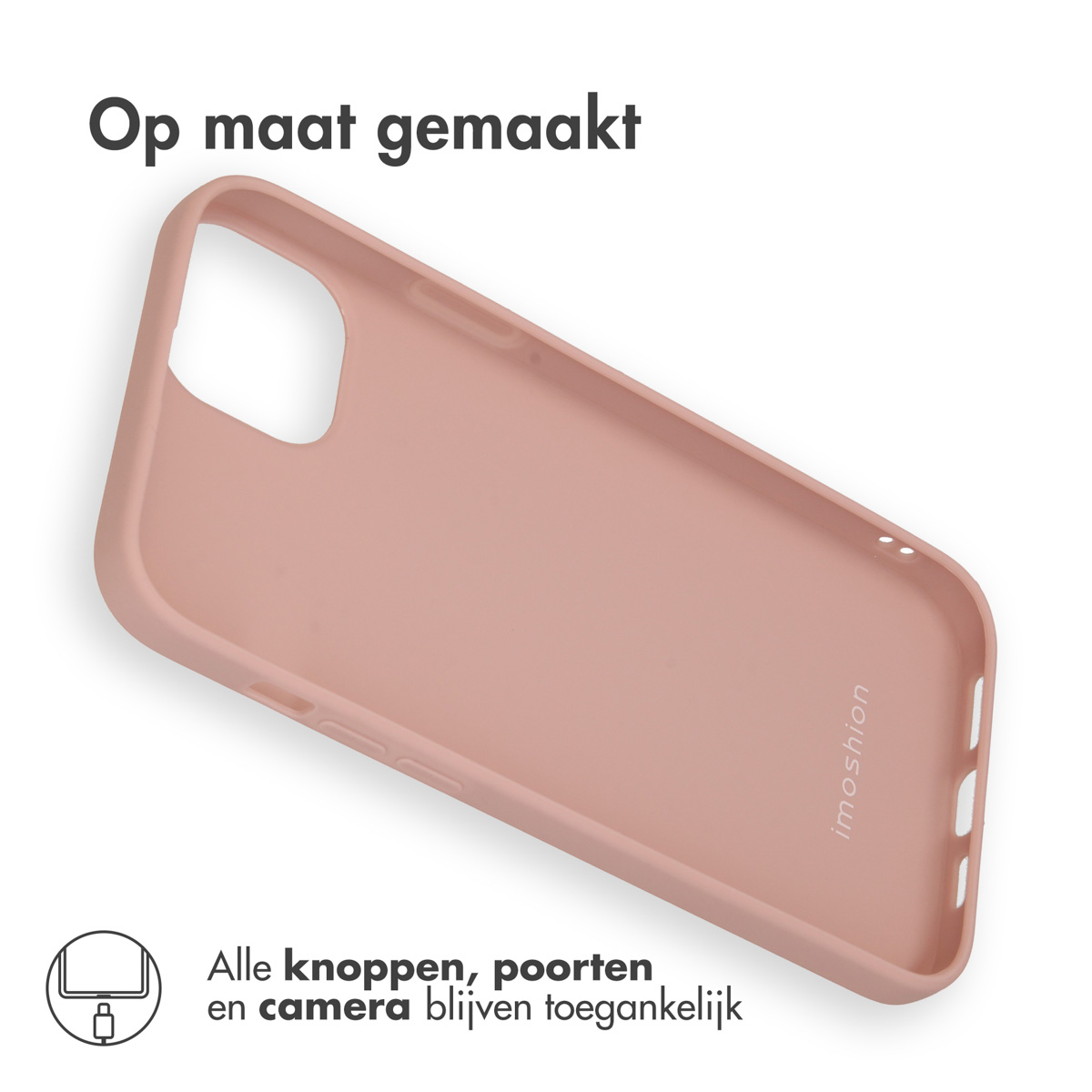 Roze telefoonhoes van bovenaf gezien. Tekst bovenaan: 'Op maat gemaakt'.