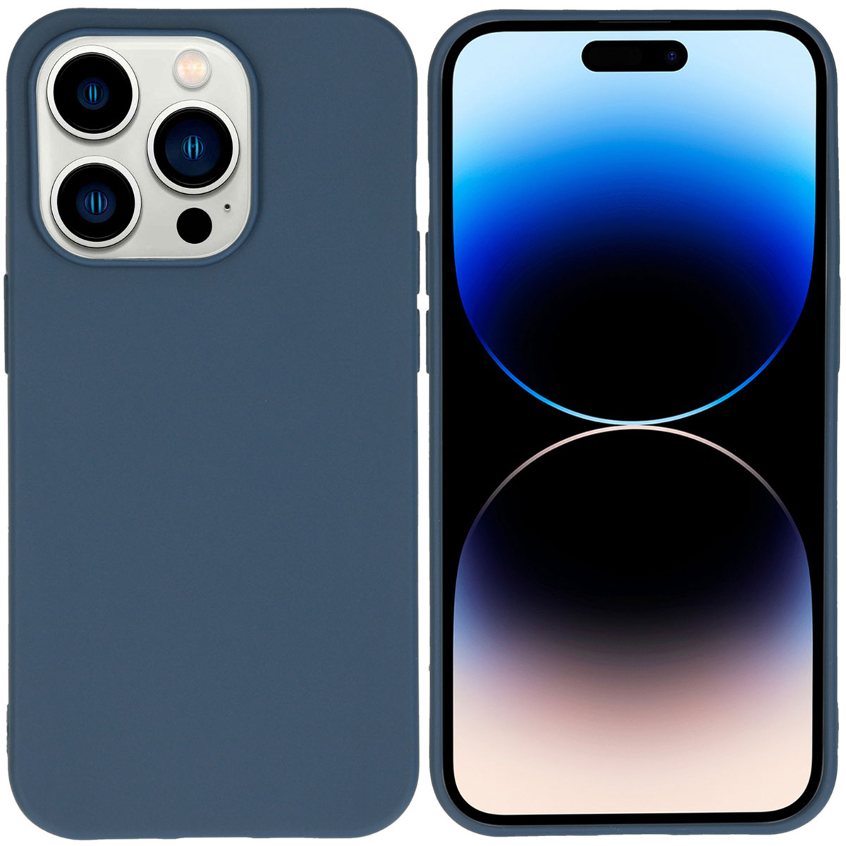 Coque de téléphone bleue avec trois caméras. Le téléphone est affiché avec un écran noir.
