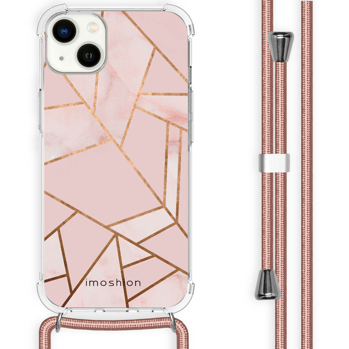 Pink phone case with geometric gold lines on a pink marble background. A pink cord is also visible.