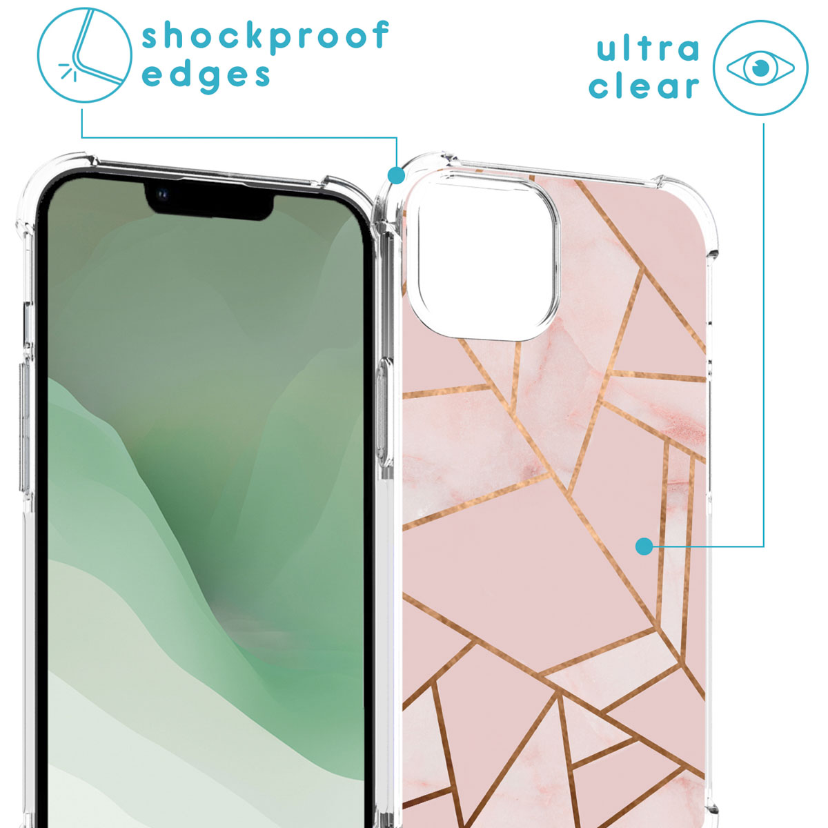 Phone with clear case, pink marble design. Shockproof edges.