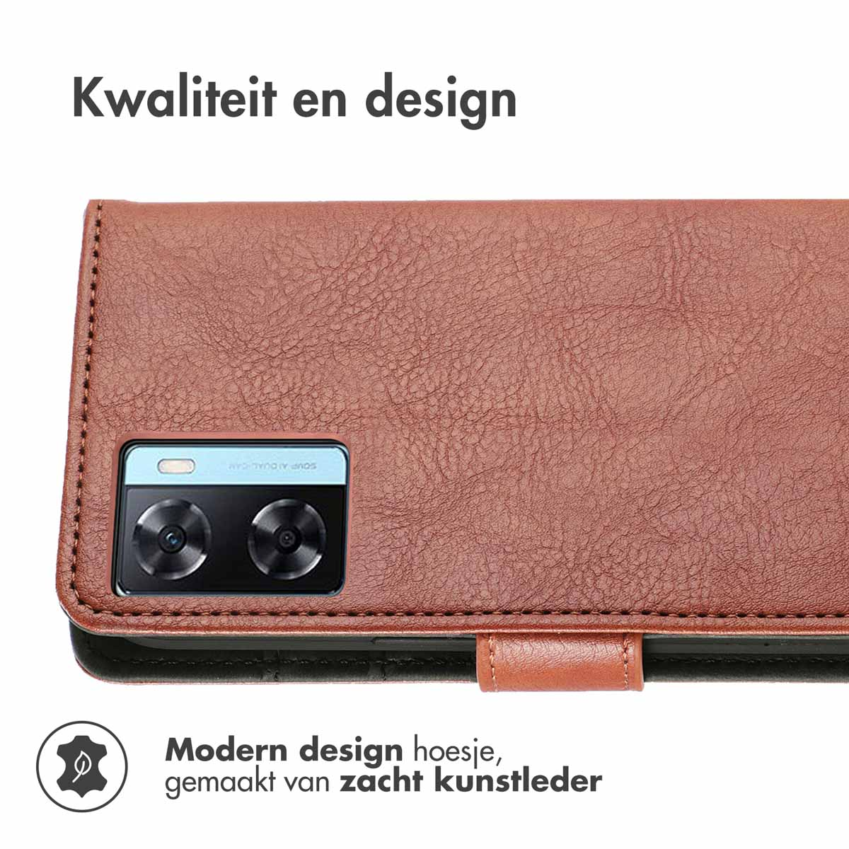 Étui portefeuille en cuir marron. Coque de téléphone avec caméra et texte.