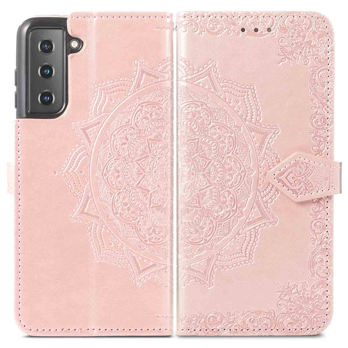 Roze telefoonhoesje met mandala-ontwerp. De hoes is open.