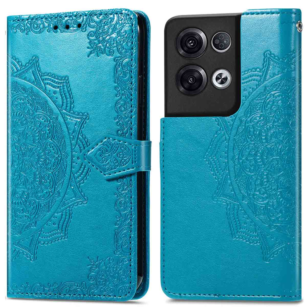 Coque de téléphone turquoise avec motif mandala et plusieurs caméras. Fermeture magnétique.