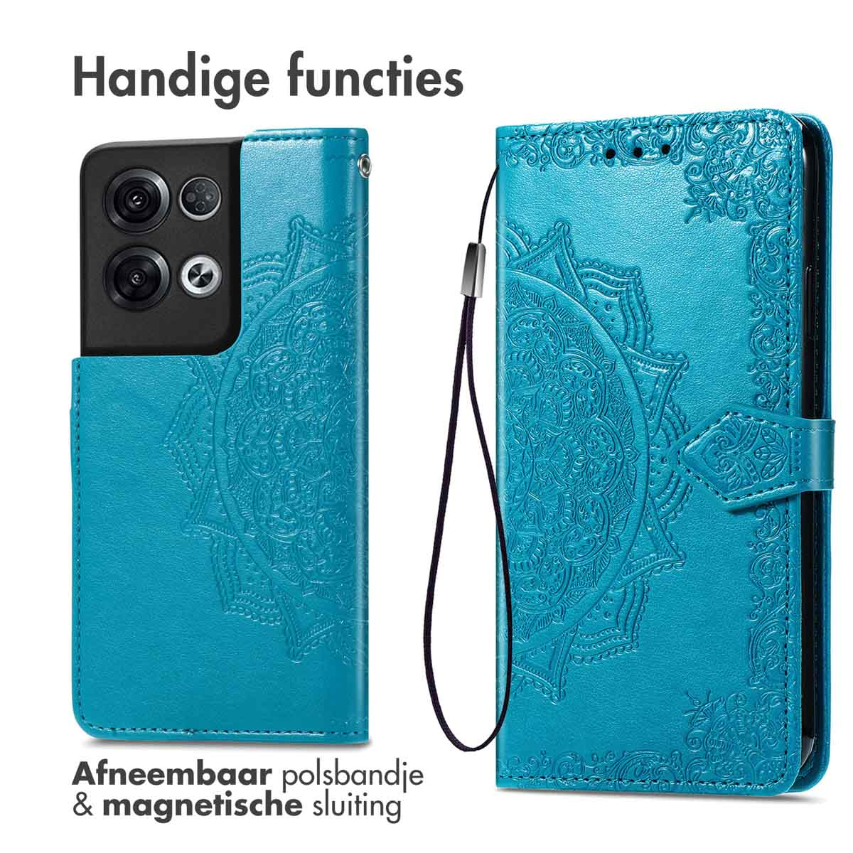 Coque de téléphone bleue, ouverte, montrant le téléphone et le motif mandala. Dragonne amovible.