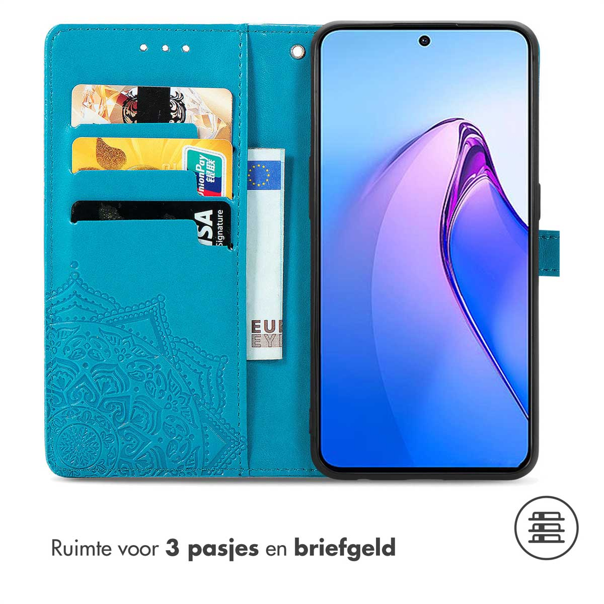 Étui de téléphone bleu ouvert, montrant cartes et téléphone. Motif mandala à gauche.