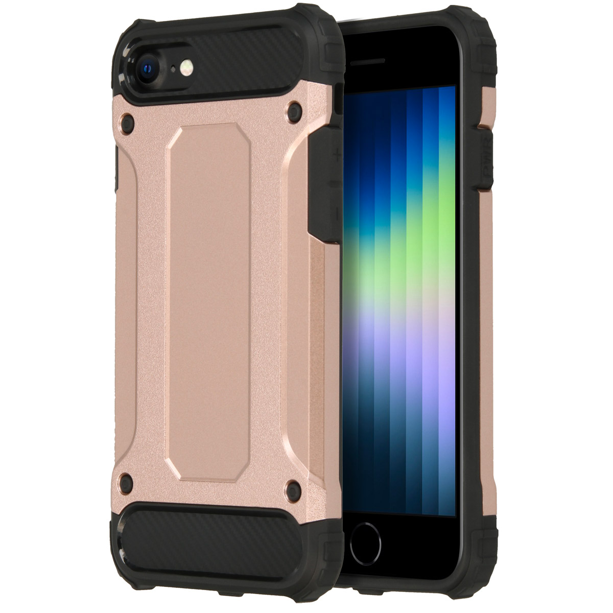 Coque de téléphone or rose avec des accents noirs. Le téléphone est visible dans la coque. Le fond est blanc.