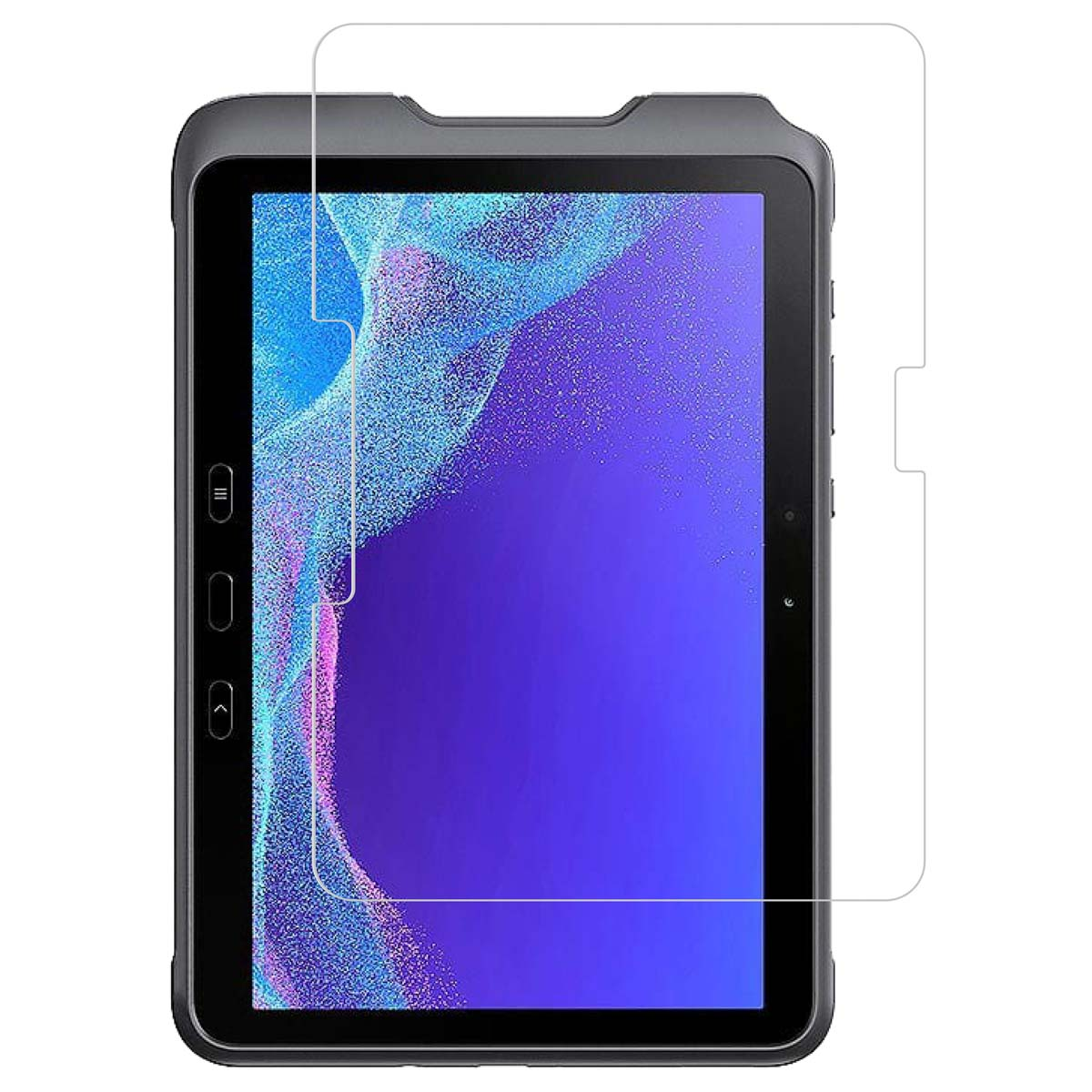 Tablet con protezione schermo. La protezione è sul lato destro del tablet.