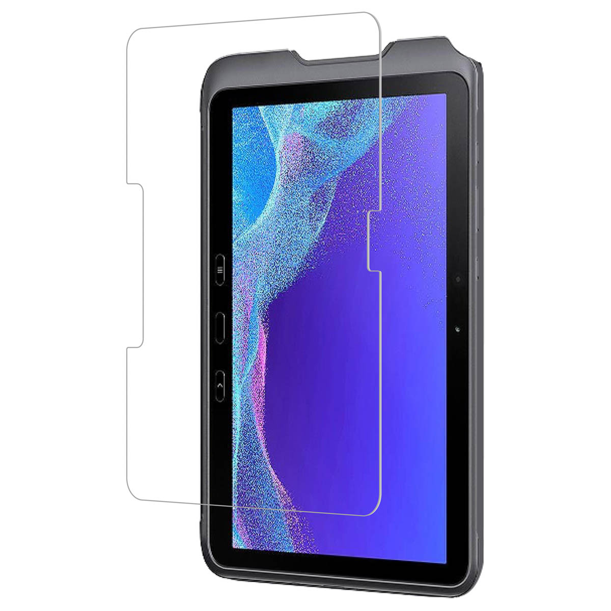 Un tablet con protezione schermo. Lo schermo mostra una sfumatura viola e blu.
