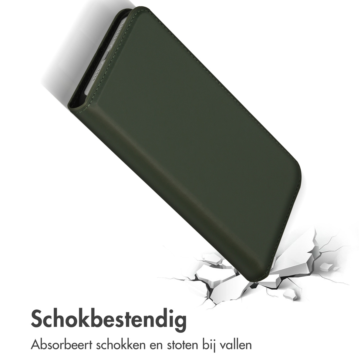 Donkergroene telefoonhoes. Hij valt en barst het oppervlak. Tekst: 'Schokbestendig'.