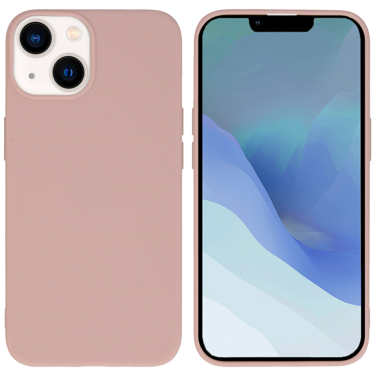 Een roze telefoonhoes naast een telefoon met een zwart scherm. De telefoon heeft een cameramodule. De hoes is effen.