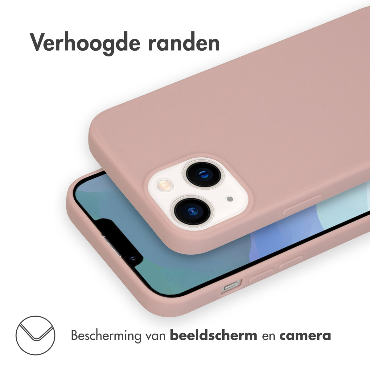Telefoon in een roze hoesje. Hoesje beschermt scherm en camera. Hoesje heeft verhoogde randen.