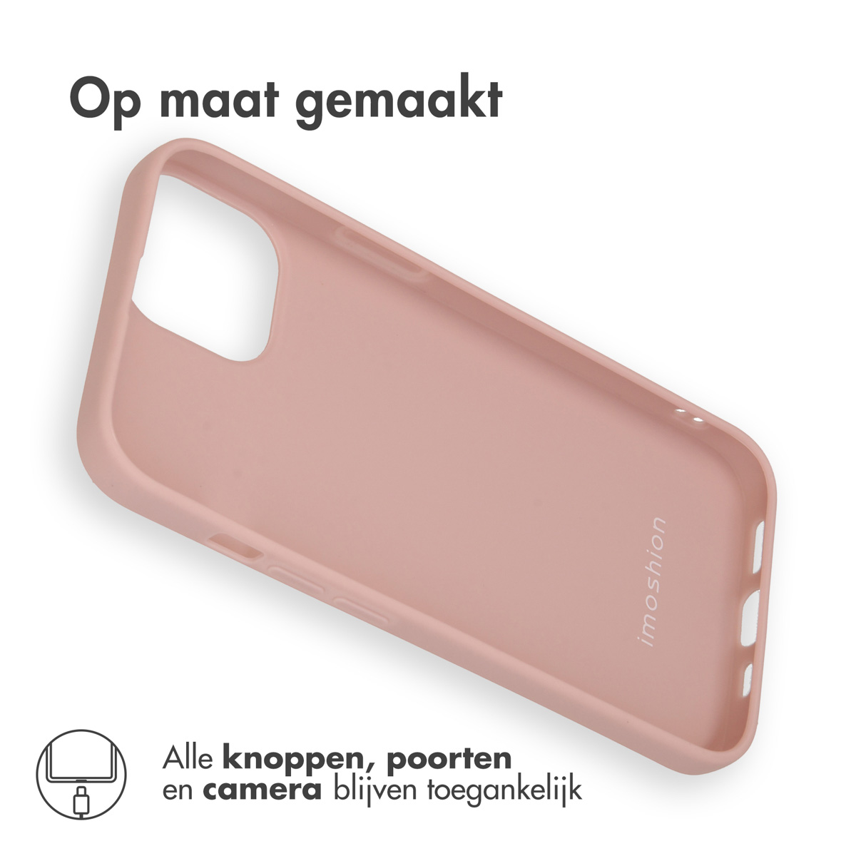 Roze telefoonhoesje onder een hoek, met tekst en icoon. Toont open poorten en camera toegang.