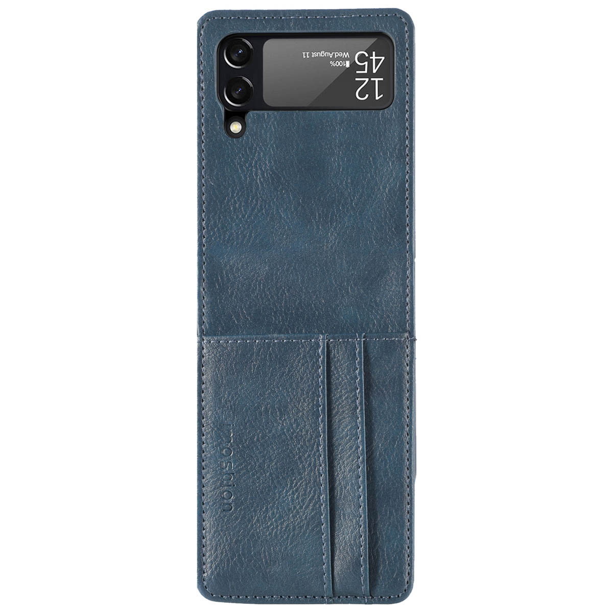 Blauwe telefoonhoes met een telefoon erin. De hoes heeft een kaartsleuf en een klein scherm voor tijd en datum.