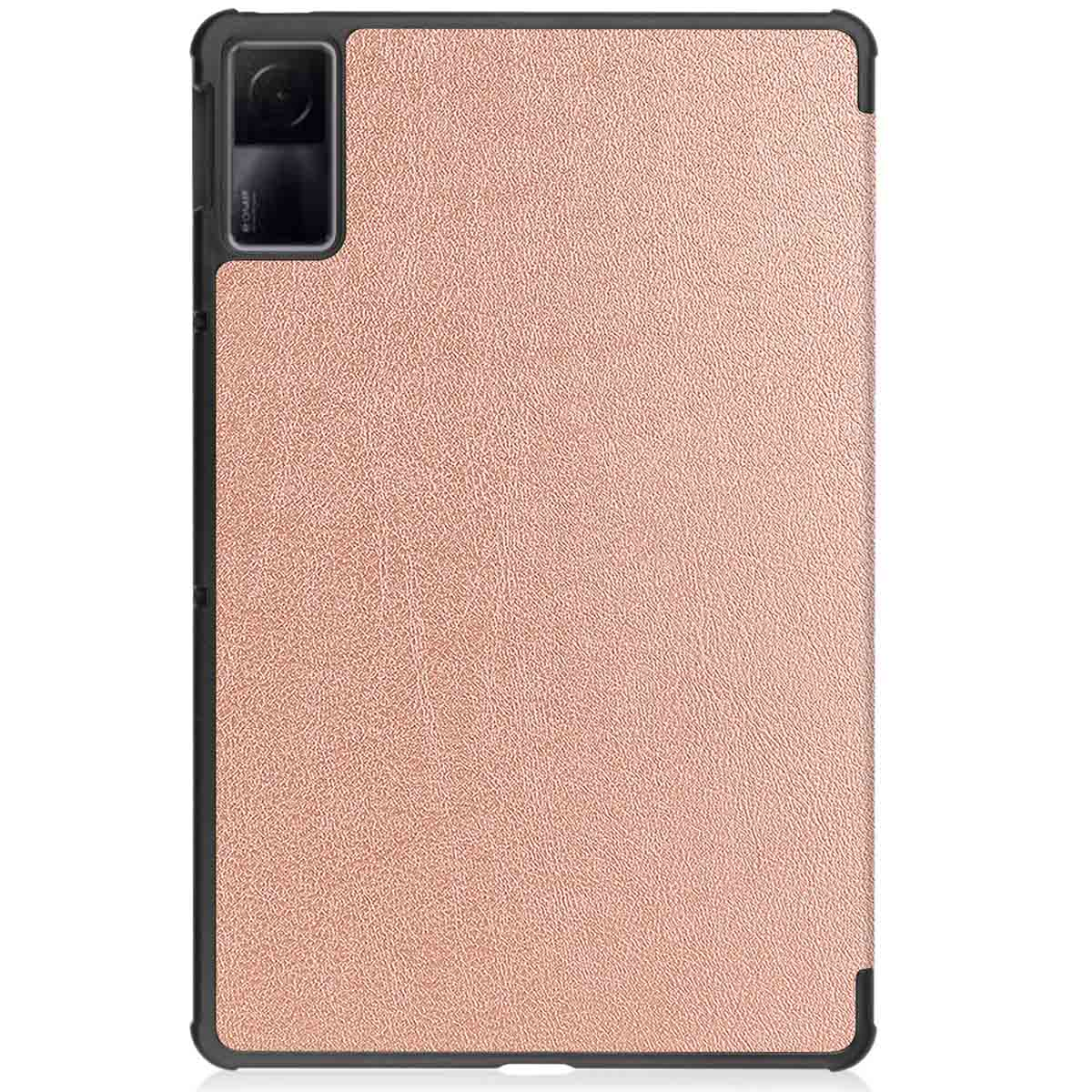Rose gold tablet cover, black frame, camera cutout on top left.