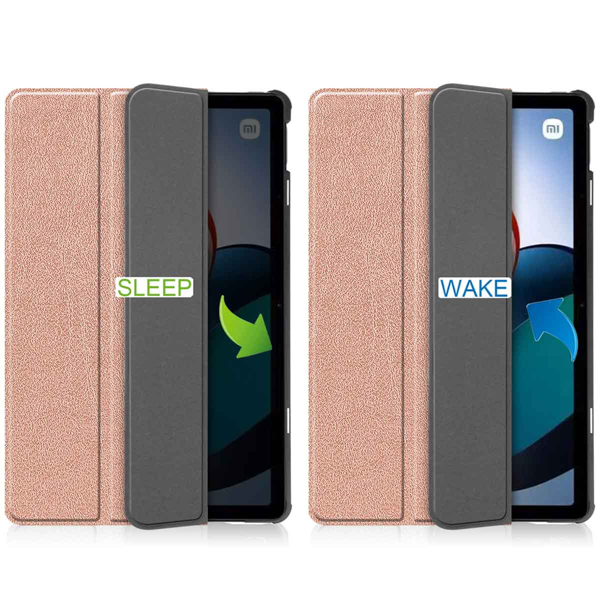 Two rose gold tablet covers, one with SLEEP and arrow, the other with WAKE and arrow.