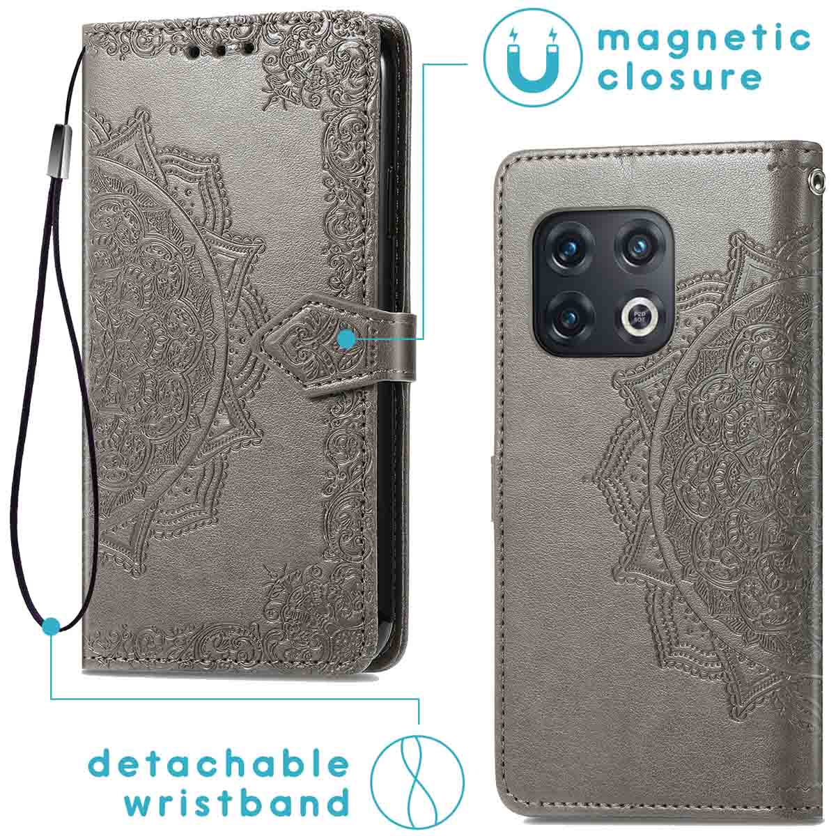 Grijs telefoonhoesje met mandala-ontwerp. Afneembare polsband en magnetische sluiting. Telefoon in de hoes.