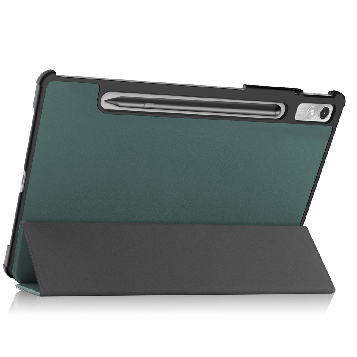 Tablet in groene hoes met stylus en standaard. De hoes heeft een zwart frame.