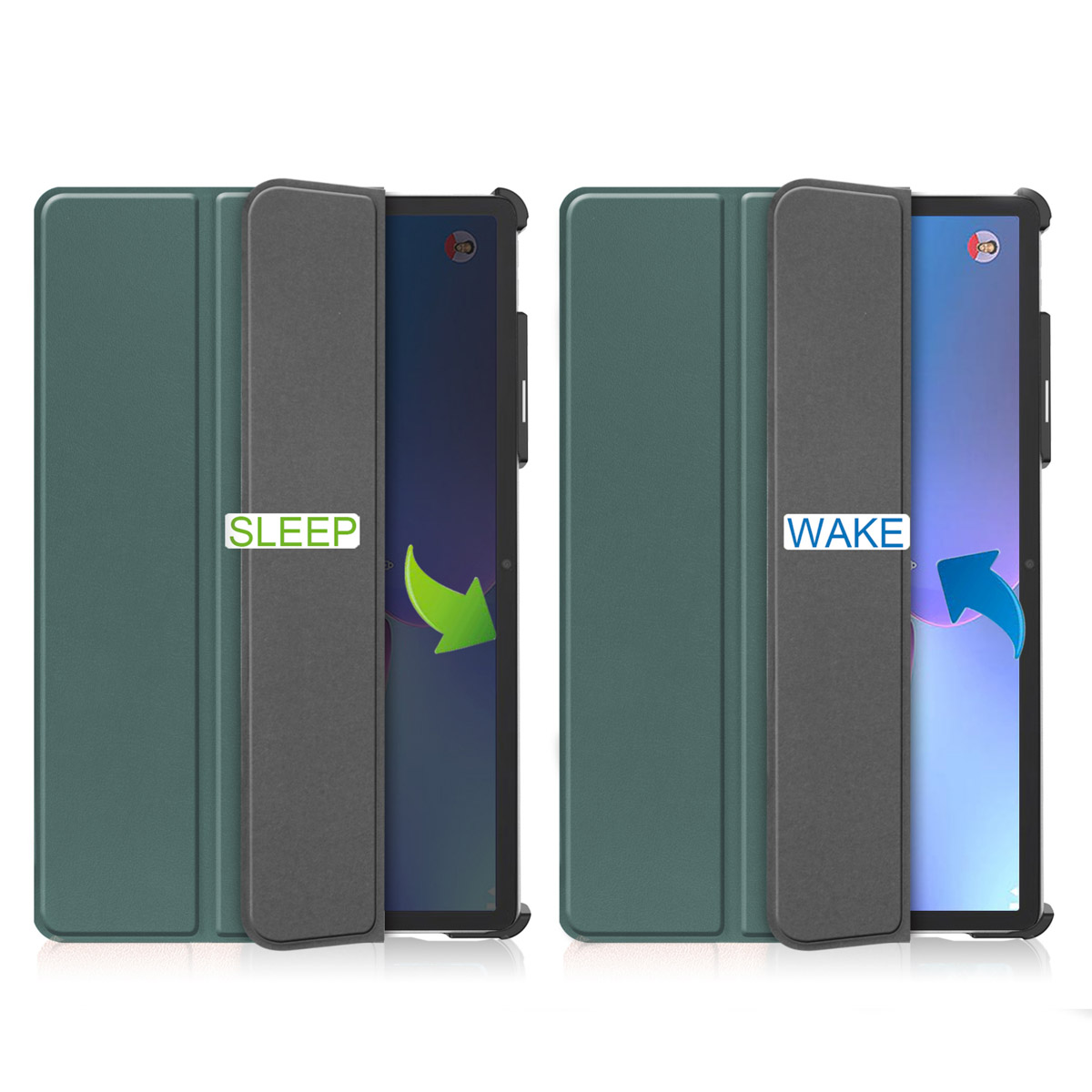 Twee tablethoezen die de teksten 'Sleep' en 'Wake' tonen. Hoezen zijn groen, met een donkergrijze binnenkant.