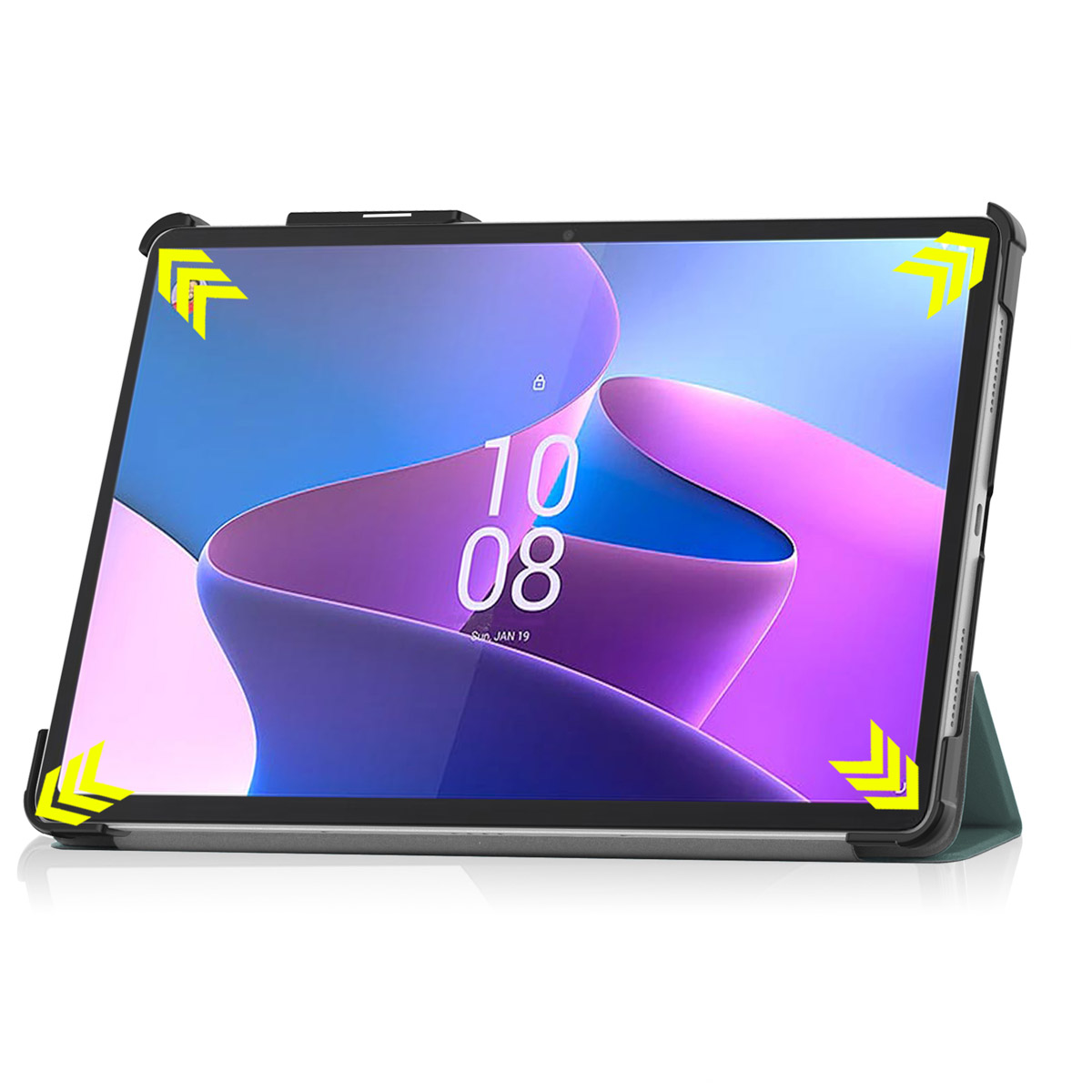 Tablet in hoes, met een blauw en paars scherm. Gele pijlen wijzen naar de hoeken van de hoes.