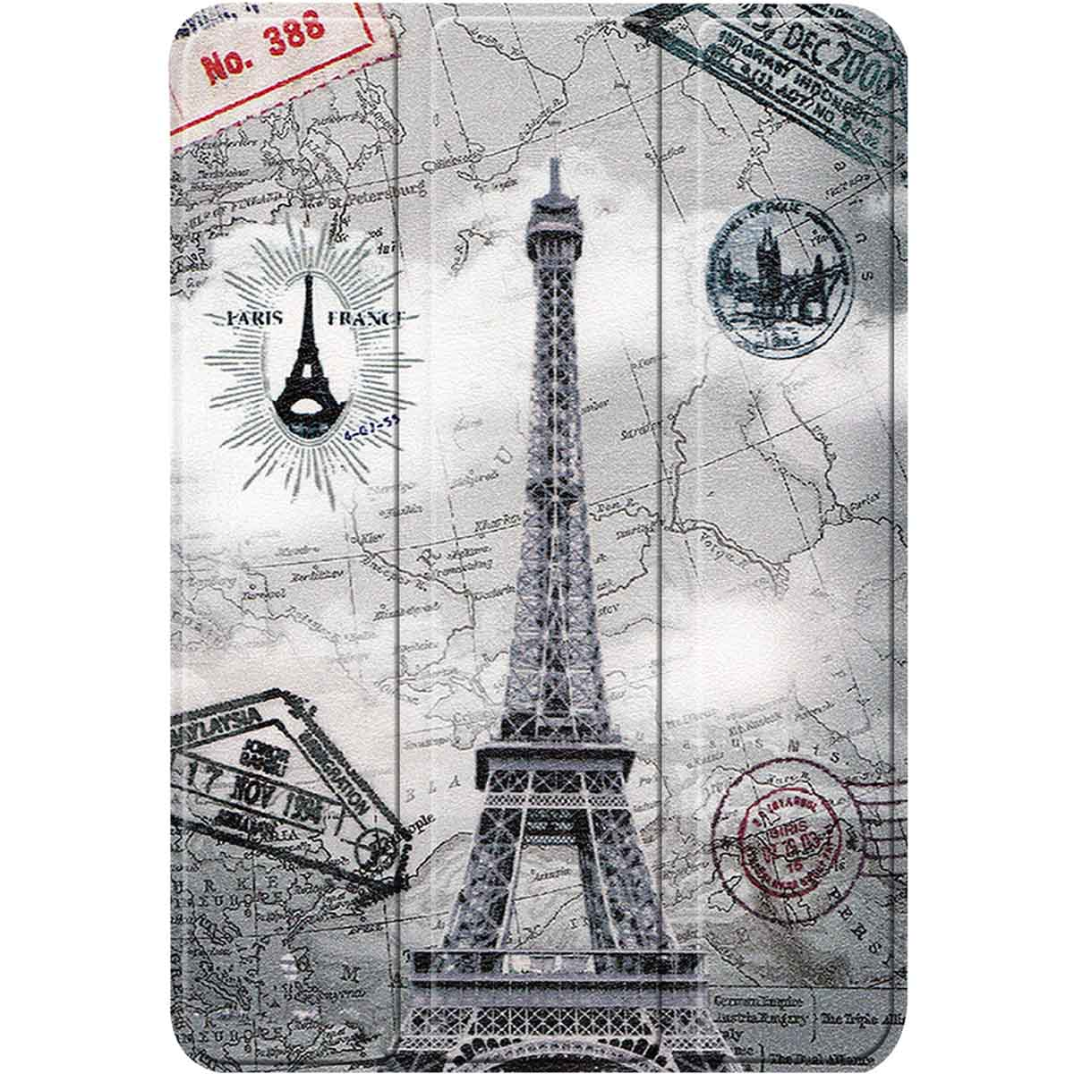 Tablet case with Eiffel Tower design on it. Case is closed, with a world map background.