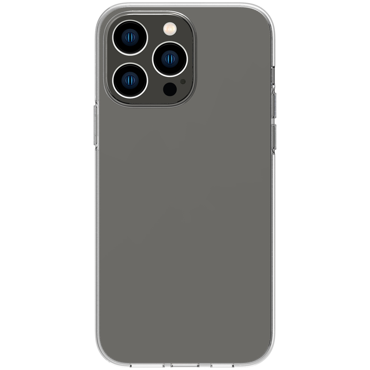 Un telefono con una custodia trasparente, che mostra un sistema di fotocamera a tre lenti, su sfondo bianco.