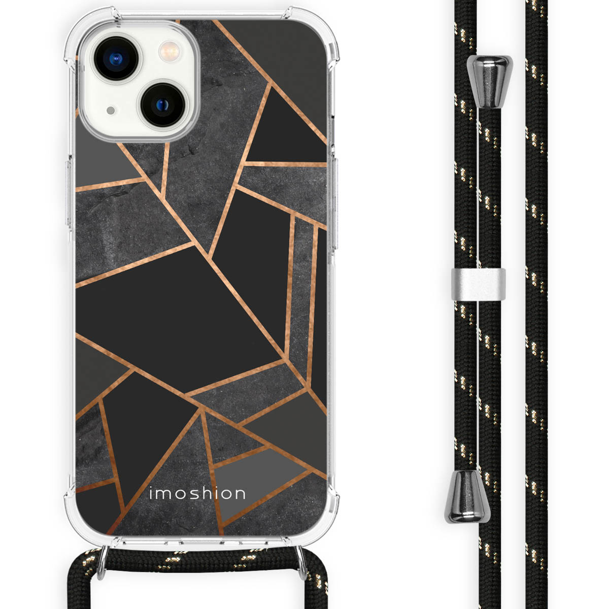 Telefoonhoes met geometrisch ontwerp. De hoes heeft een zwart en goud patroon.