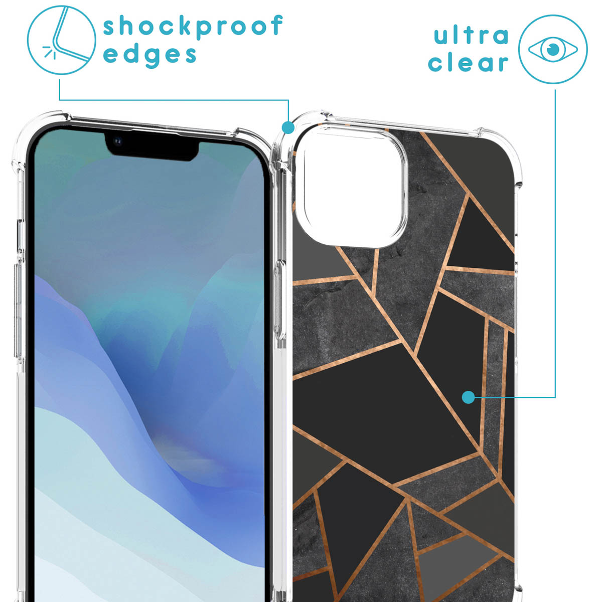 Telefoonhoes met een geometrisch ontwerp. De telefoon heeft een helder scherm.