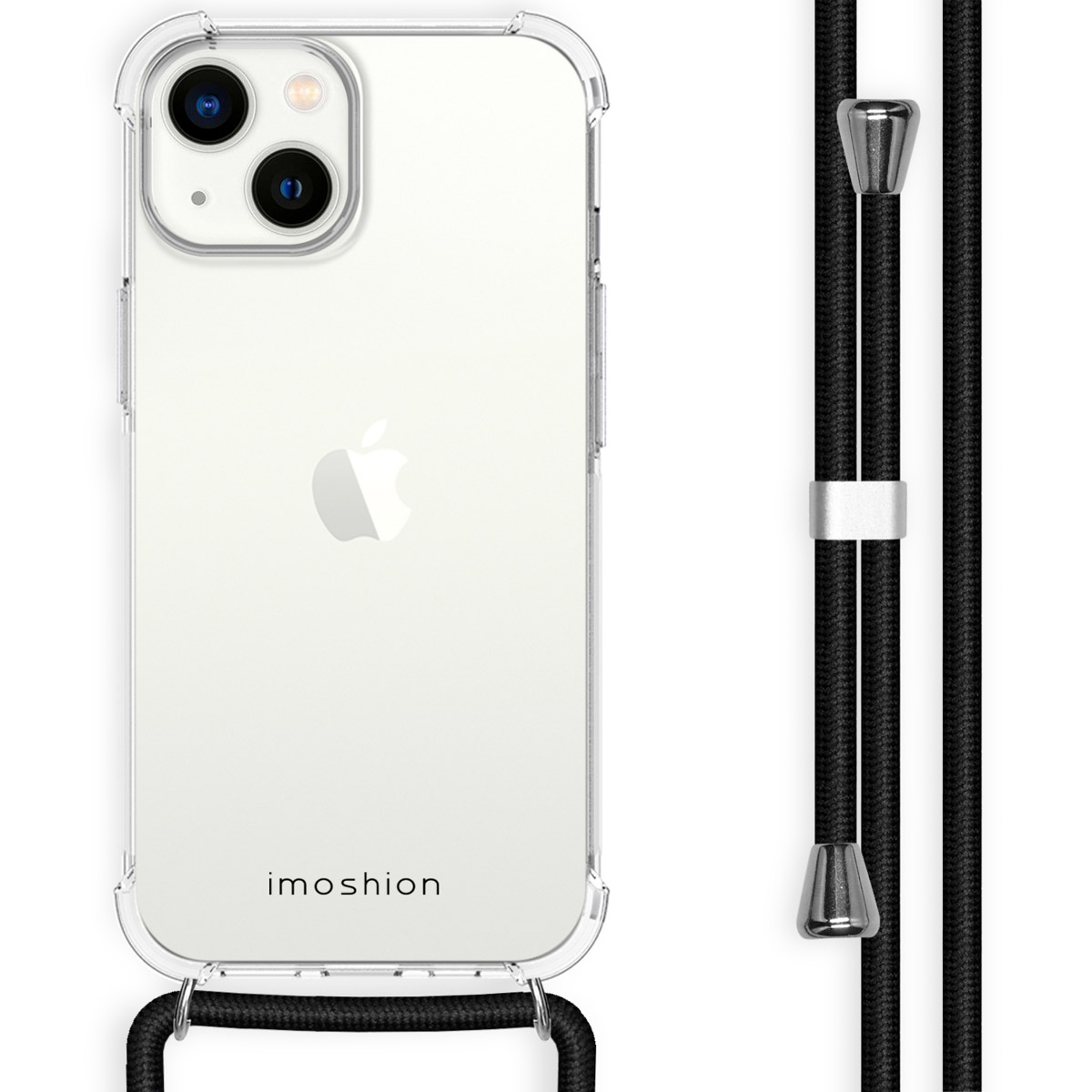 Coque de téléphone transparente avec cordon noir. Logo Apple visible.