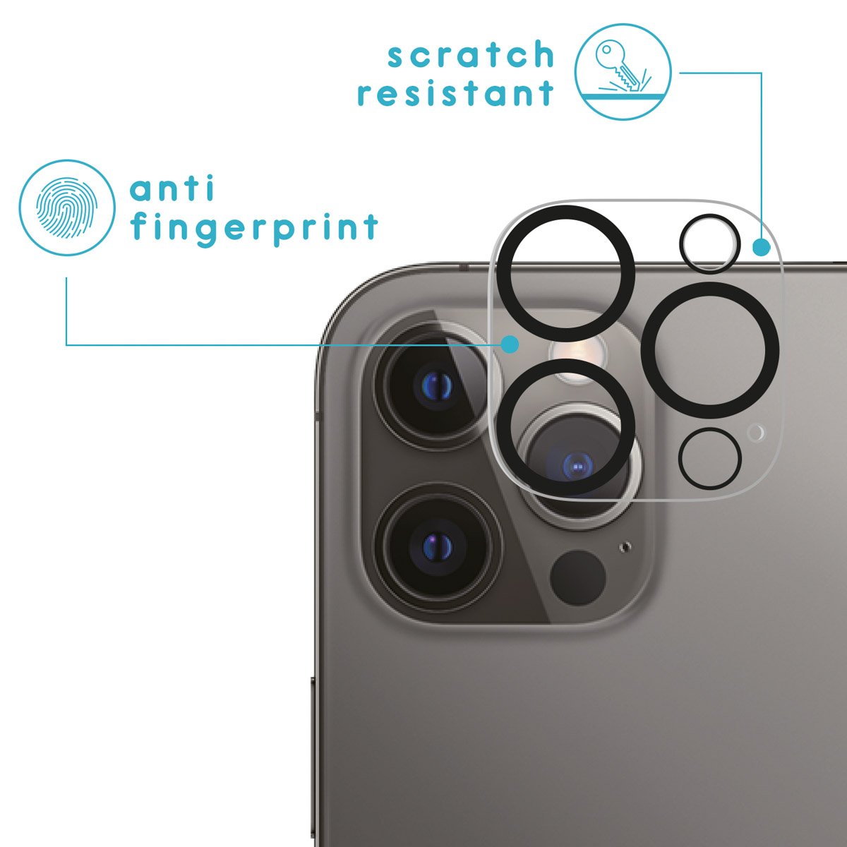 Dos du téléphone avec protecteur d'appareil photo. Objectifs et cercles de l'appareil photo étiquetés anti-traces et résistant aux rayures.