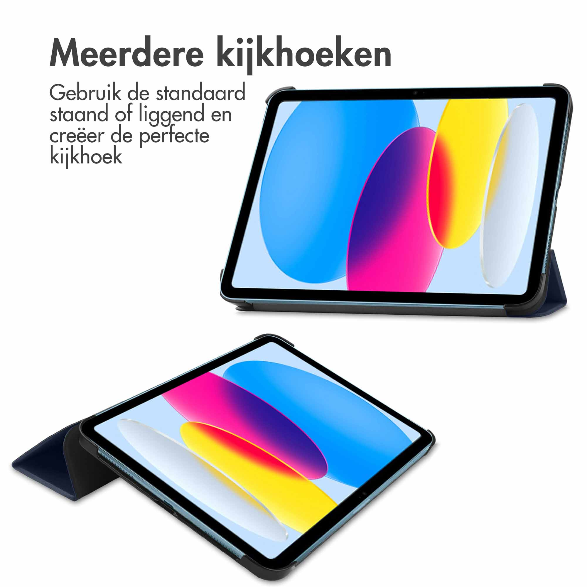 Twee tablets met blauwe hoesjes. De schermen tonen kleurrijke abstracte afbeeldingen. Tekst zegt 'Meerdere kijkhoeken'.