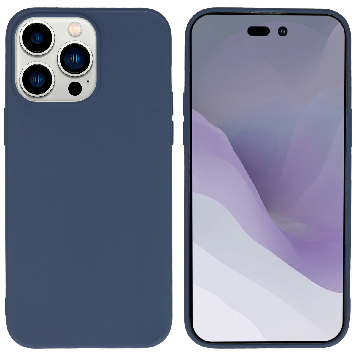 Blauwe telefoonhoes en telefoon naast elkaar. De telefoon toont een paars patroon.