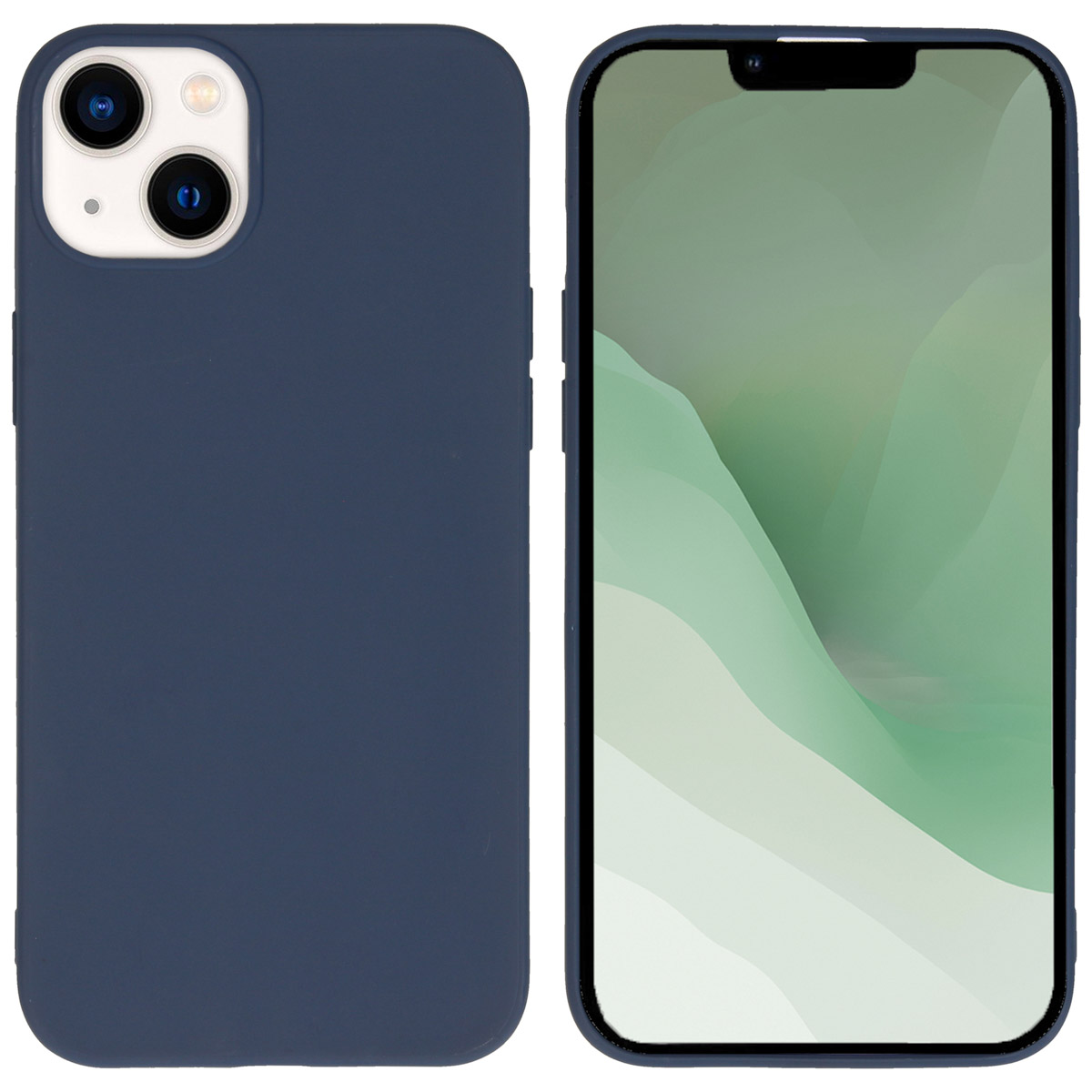 Twee telefoons: één marineblauw met camera en één met een groene abstracte wallpaper.