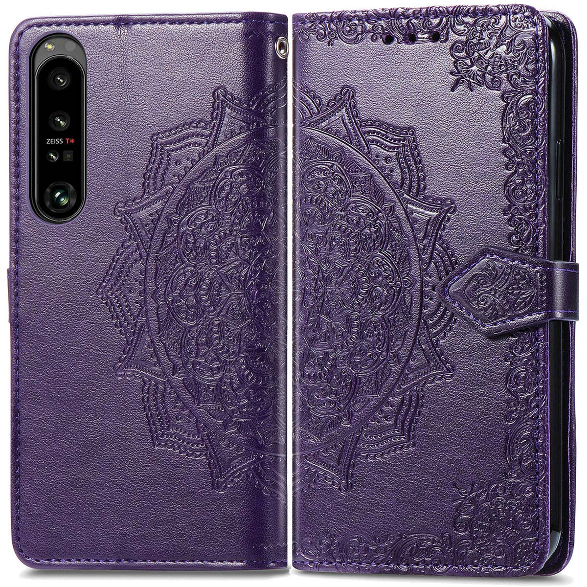 Un étui de téléphone violet, ouvert pour révéler un motif mandala, avec un téléphone à l'intérieur. L'étui a un fermoir.