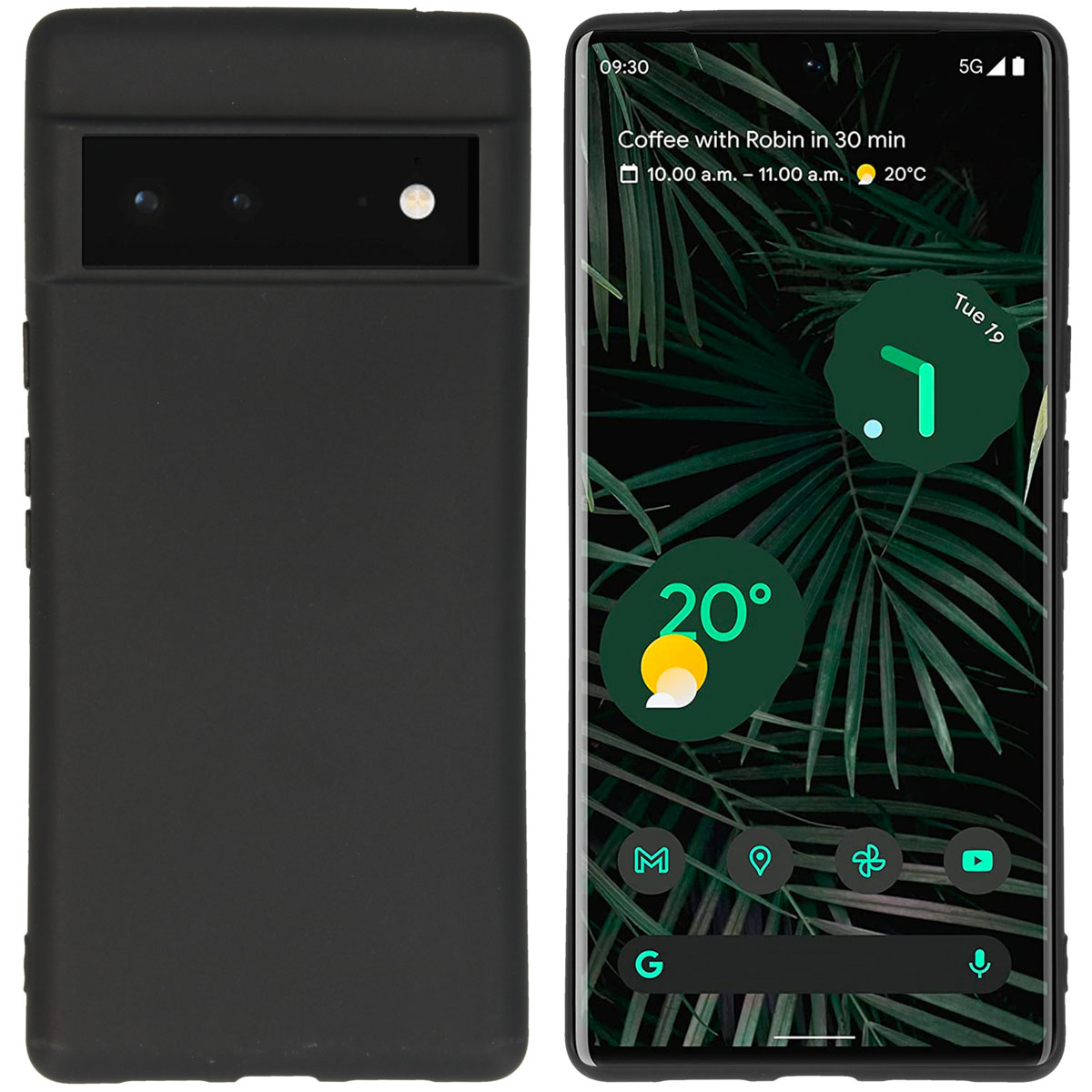 Étui de téléphone noir avec un téléphone à l'intérieur. L'écran du téléphone affiche le calendrier.