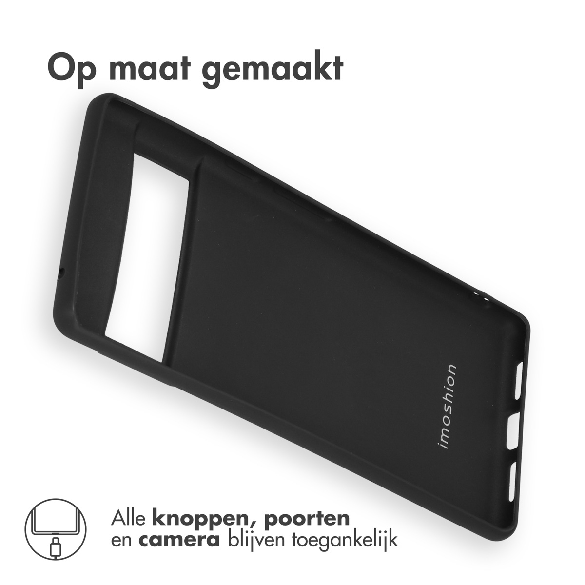 Coque de téléphone noire avec 'imoshion'. Texte en néerlandais, tous les boutons et ports sont accessibles.