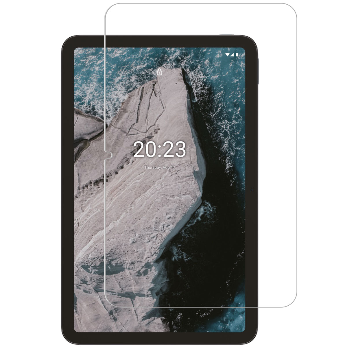 Tablet con protezione schermo applicata. Mostra onde e formazione rocciosa sullo schermo.