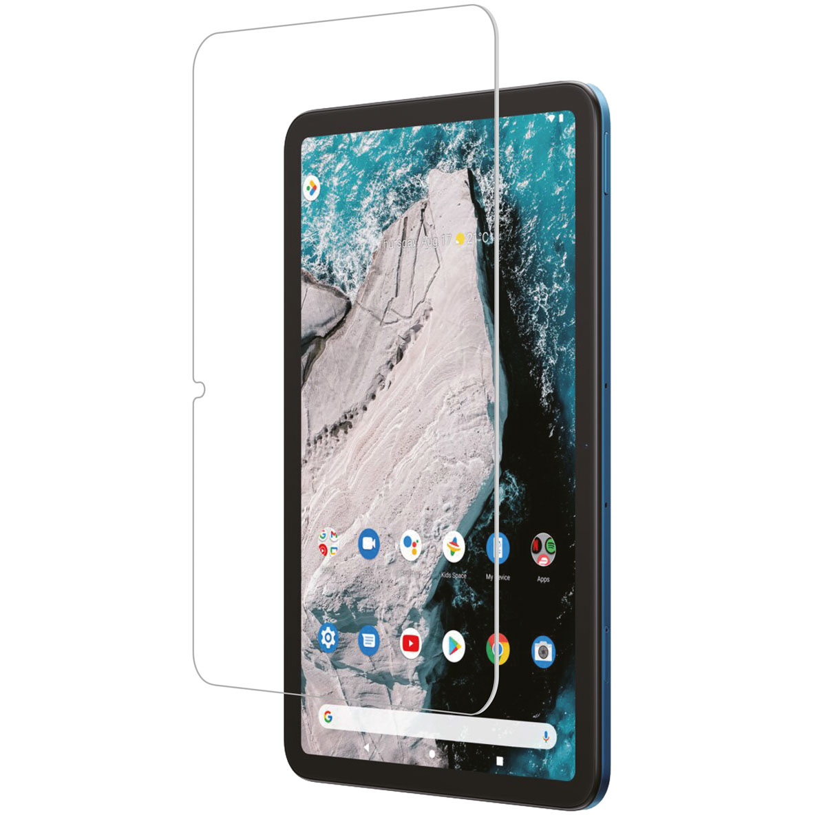 Tablet con protezione per lo schermo sullo schermo. Mostra un'immagine di acqua e spiaggia sullo schermo.