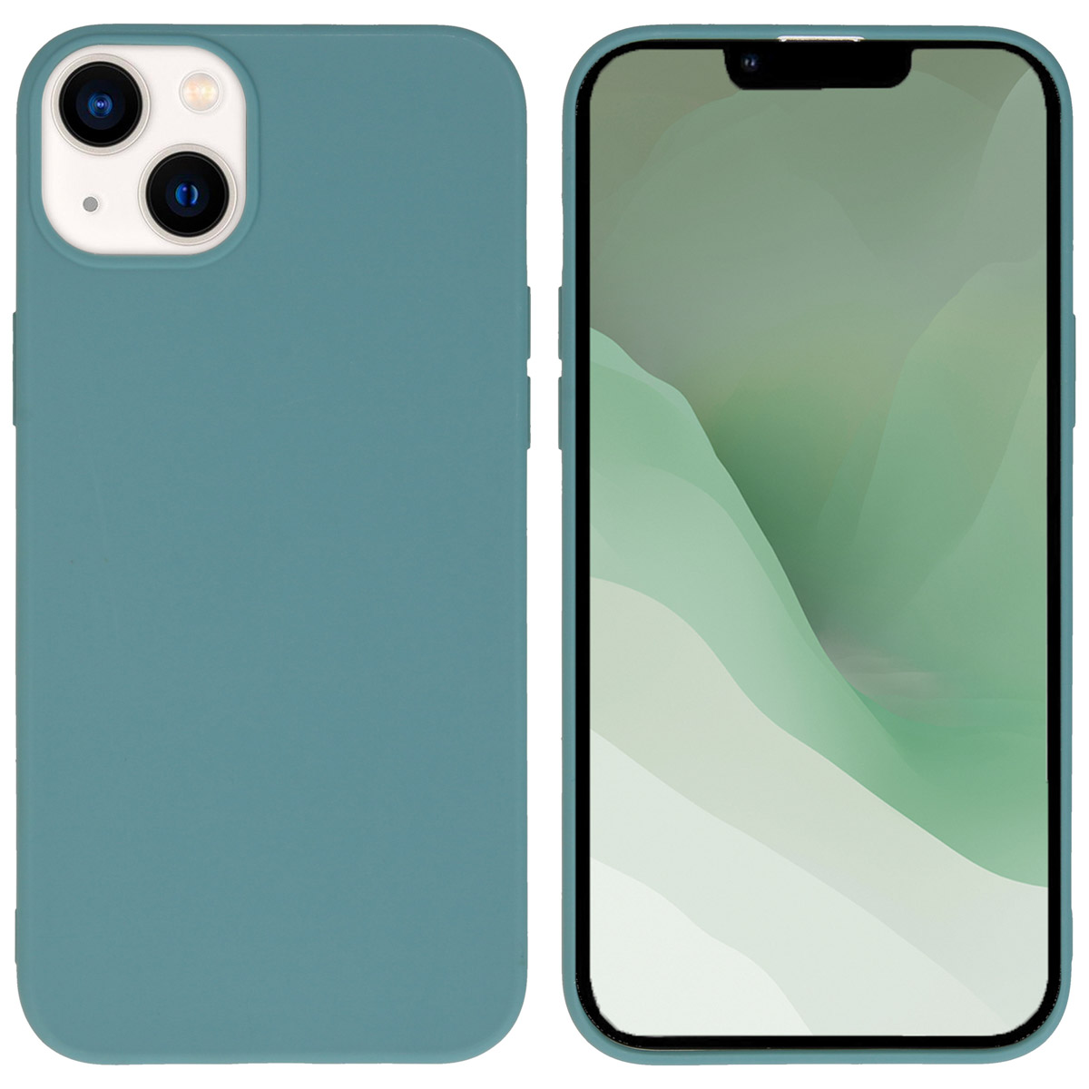 Telefoon en hoesje in teal. Telefoon rechts, toont scherm. Teal hoesje links.