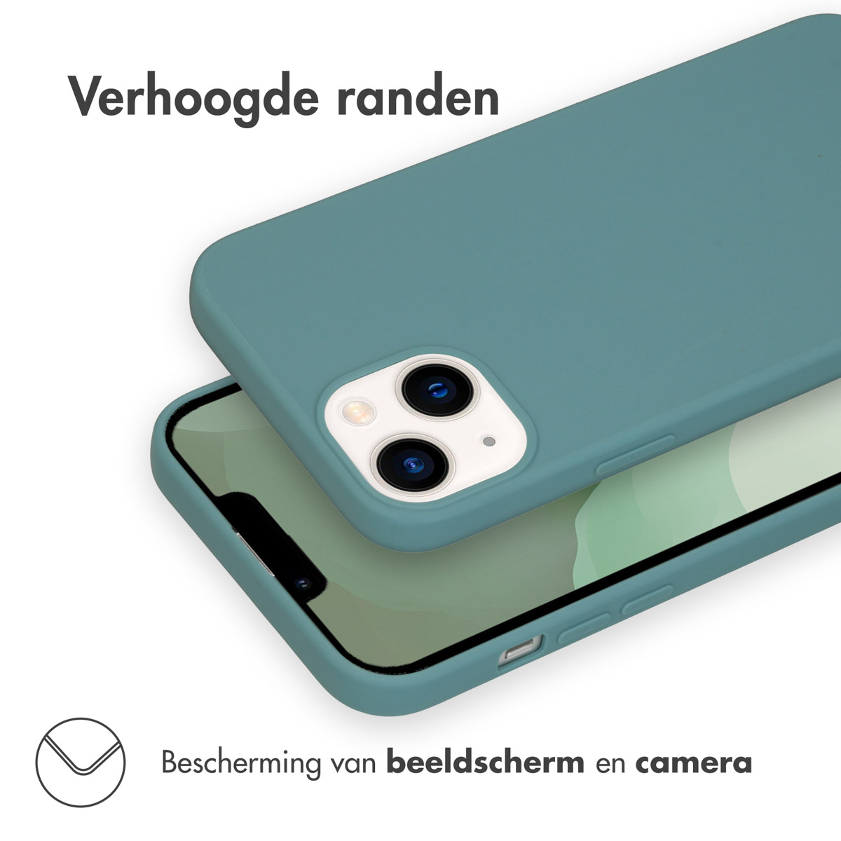 Blauwgrijze telefoonhoes met camera-uitsparing. De hoes bedekt een andere telefoon. Verhoogde randen.