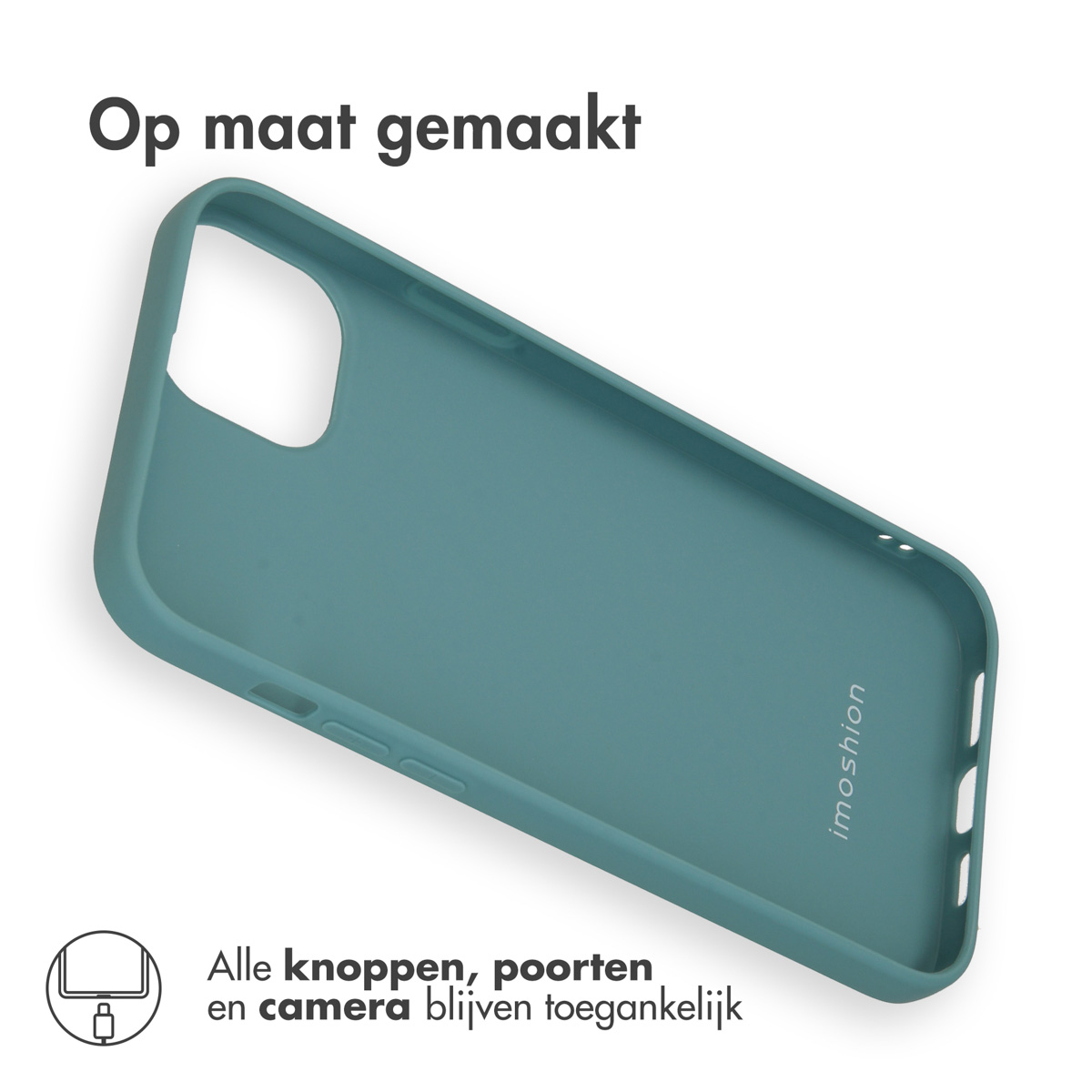 Telefoonhoes in een blauwgroene kleur. Op een witte achtergrond. Imoshion.