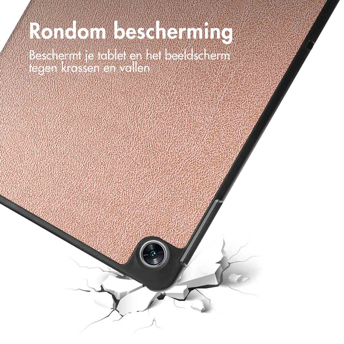 A tablet is resting on a surface. The tablet has a case. The case protects the screen and tablet from scratches.