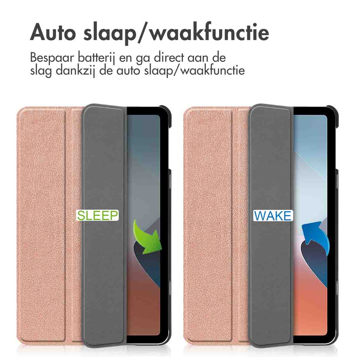 Tablet in a pink case, with sleep/wake function. Displays 'sleep' and 'wake' labels.