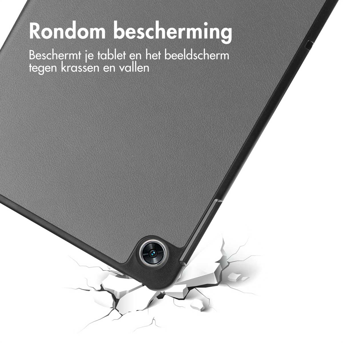 Tablet in a gray case, protecting against falls, with cracks in the white surface.
