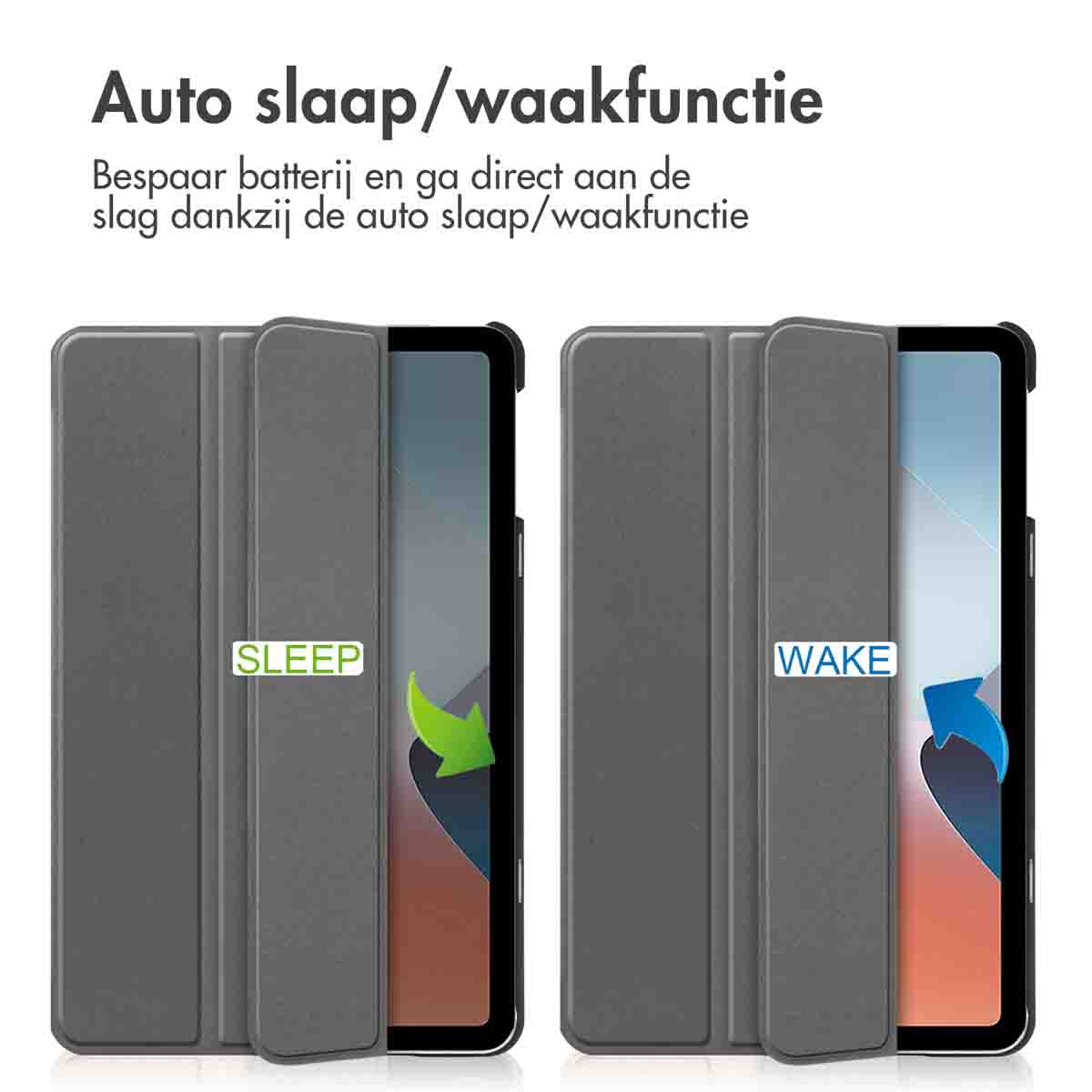 Two tablet cases, one open. The open one shows a tablet screen. Has sleep/wake function.