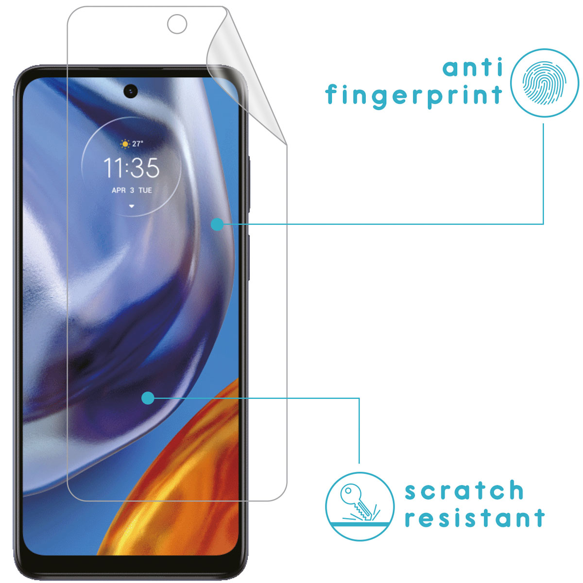 Phone with screen protector. Protector is being applied. Anti fingerprint and scratch resistant.