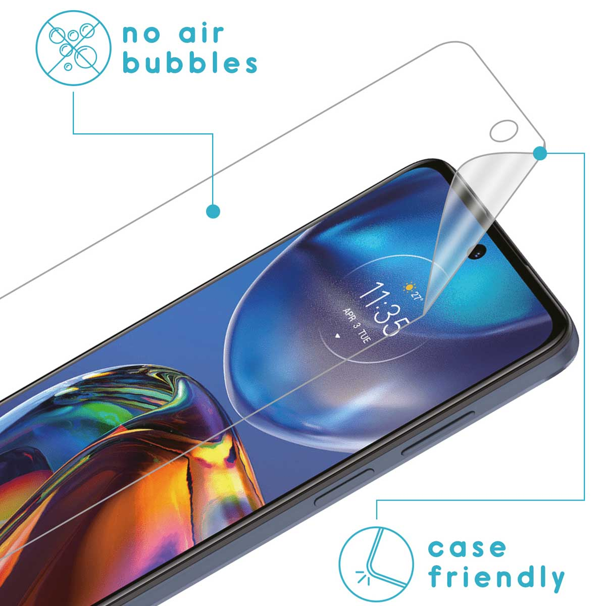 Phone screen protector being applied to a phone. Text indicates no air bubbles and case friendly.
